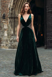 Dark Green Velvet A-Line V-Neck Maxi Holiday Dress with Beading