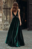 Dark Green Velvet A-Line V-Neck Maxi Holiday Dress with Beading