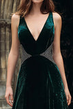 Dark Green Velvet A-Line V-Neck Maxi Holiday Dress with Beading