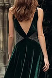 Dark Green Velvet A-Line V-Neck Maxi Holiday Dress with Beading