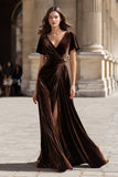 Brown A-Line Velvet V-Neck Maxi Holiday Dress With Slit