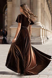 Brown A-Line Velvet V-Neck Maxi Holiday Dress With Slit