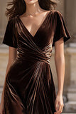 Brown A-Line Velvet V-Neck Maxi Holiday Dress With Slit