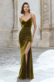 Olive Ruched Velvet Spaghetti Straps Maxi Holiday Dress With Slit