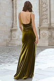 Olive Ruched Velvet Spaghetti Straps Maxi Holiday Dress With Slit