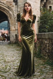 Olive Mermaid V-Neck Velvet Formal Dress With Short Sleeves