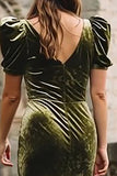 Olive Mermaid V-Neck Velvet Formal Dress With Short Sleeves