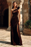Brown One Shoulder Velvet Long Formal Dress With Slit
