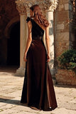 Brown One Shoulder Velvet Long Formal Dress With Slit