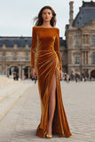 Caramel Velvet Sheath Long Sleeve Formal Dress With Slit