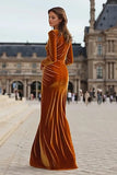 Caramel Velvet Sheath Long Sleeve Formal Dress With Slit