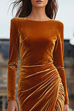 Caramel Velvet Sheath Long Sleeve Formal Dress With Slit
