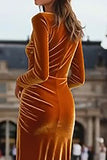 Caramel Velvet Sheath Long Sleeve Formal Dress With Slit