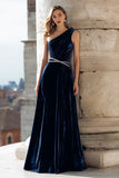 Navy One Shoulder Velvet A-Line Maxi Formal Dress With Beading