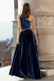 Navy One Shoulder Velvet A-Line Maxi Formal Dress With Beading