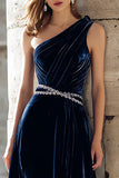 Navy One Shoulder Velvet A-Line Maxi Formal Dress With Beading