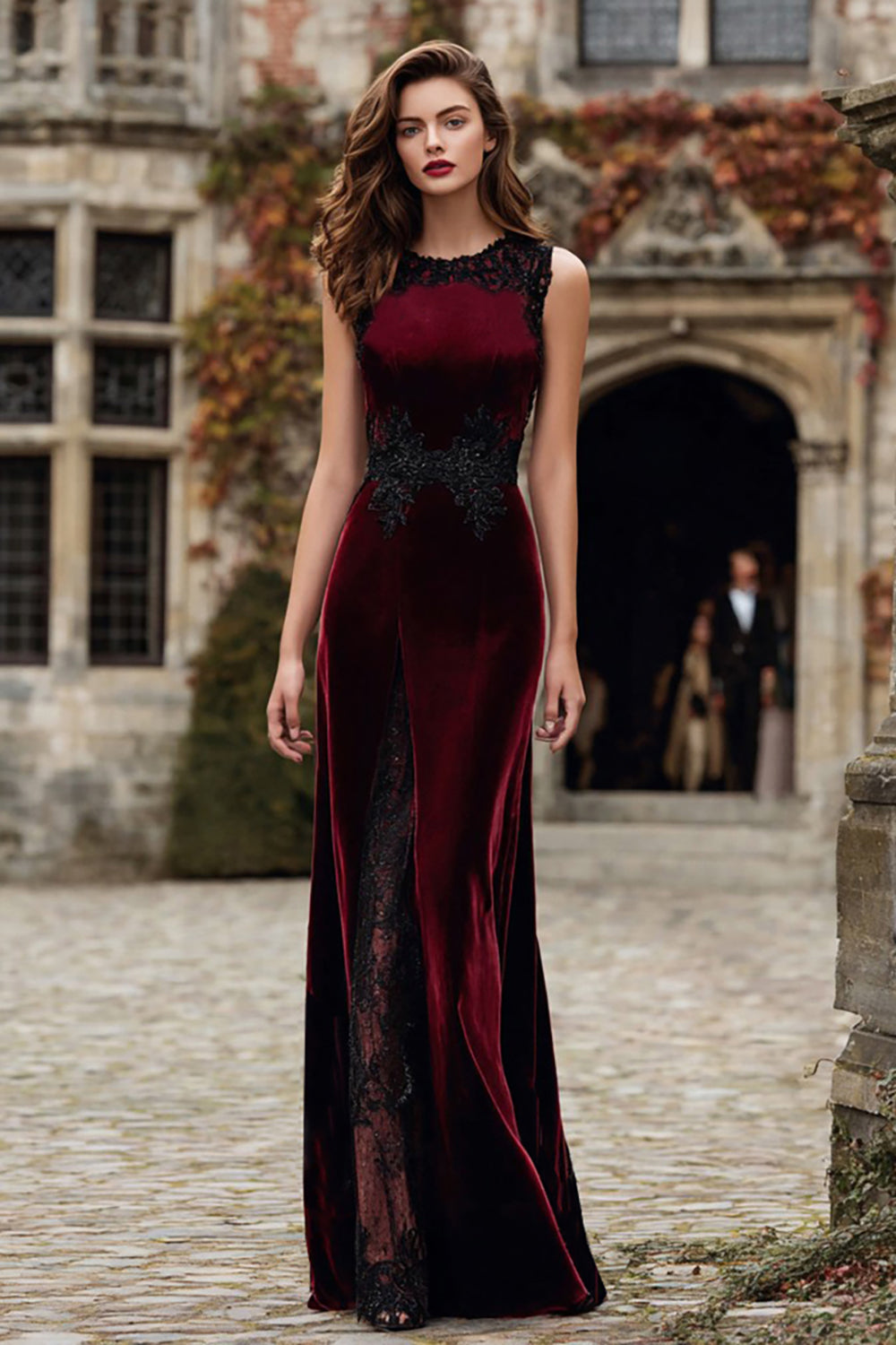 Berylove Women Burgundy Velvet Formal Dress Sheath Round Neck Maxi Holiday Dress With Lace Appliques