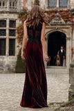 Burgundy Velvet Sheath Maxi Formal Dress With Lace Appliques