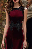 Burgundy Velvet Sheath Maxi Formal Dress With Lace Appliques