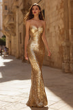 Gold Strapless Mermaid Maxi Prom Dress With Sequins