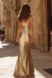 Gold Strapless Mermaid Maxi Prom Dress With Sequins