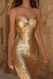 Gold Strapless Mermaid Maxi Prom Dress With Sequins