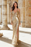 Sparkly Gold Mermaid Cold Shoulder Maxi Prom Dress With Slit