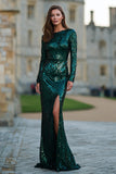 Dark Green Sequin Mermaid Long Sleeve Prom Dress With Slit