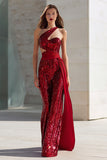 Red One Shoulder Cut Out Maxi Prom Dress With Sequins