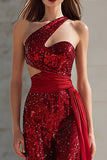 Red One Shoulder Cut Out Maxi Prom Dress With Sequins