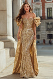 Sparkly Gold Off The Shoulder Mermaid Maxi Pageant Dress With Cape