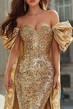 Sparkly Gold Off The Shoulder Mermaid Maxi Pageant Dress With Cape