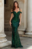 Dark Green Cold Shoulder Mermaid Sequin Prom Dress