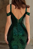 Dark Green Cold Shoulder Mermaid Sequin Prom Dress