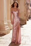 Pink Off The Shoulder Mermaid Sequin Prom Dress With Slit