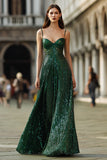 Sparkly Dark Green A-Line Spaghetti Straps Maxi Prom Dress
