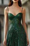 Sparkly Dark Green A-Line Spaghetti Straps Maxi Prom Dress