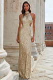 Champagne Halter Cut Out Sheath Prom Dress With Sequins