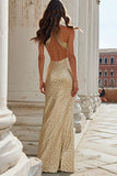 Champagne Halter Cut Out Sheath Prom Dress With Sequins