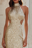 Champagne Halter Cut Out Sheath Prom Dress With Sequins
