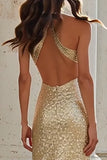 Champagne Halter Cut Out Sheath Prom Dress With Sequins