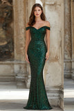 Dark Green Off The Shoulder Mermaid Sequin Prom Dress