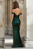 Dark Green Off The Shoulder Mermaid Sequin Prom Dress