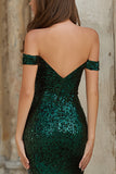 Dark Green Off The Shoulder Mermaid Sequin Prom Dress
