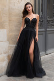 Black A-Line Spaghetti Straps Maxi Prom Dress With Slit
