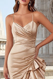 Champagne Ruffled Mermaid Spaghetti Straps Prom Dress With Slit
