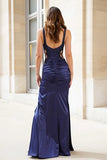 Navy Mermaid Cut Out Ruched Maxi Prom Dress With Slit