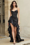 Black High Low Spaghetti Straps Satin Prom Dress With Ruffles