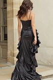 Black High Low Spaghetti Straps Satin Prom Dress With Ruffles