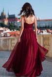 Burgundy A-Line Sequin Maxi Prom Dress With Slit
